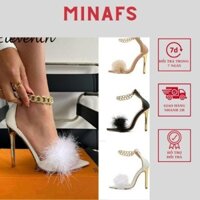 Giày Lông Vũ Cao Gót Mũi Nhọn  MINAFS Gót Nhọn Cao 9cm Quai Xích Đi Thời Trang Nữ Đi Tiệc - CGMNL
