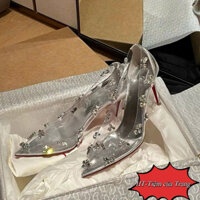 Giày  Louboutin trong suốt đính đá đế đỏ cao 10p fullbox