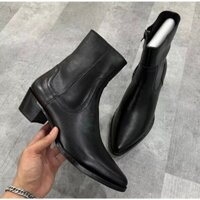Giày Lukas Boot Mũi Nhọn Mũi Vát Da Bò Thật, Giày Boot Nam Đế Gỗ Cao 5cm(Đế Khâu)