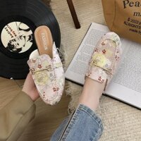 Giày lười Baotou Nửa Dép Kim Loại Mules Phong Cách Anh Quốc Nữ Thêu Hợp Thời Trang Mặc Ngoài Mùa Hè Thấp Gót Phong Cách Chanel Mũi Vuông