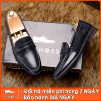 Giày lười nam công sở Penny Loafer da bóng, mũi tròn, gân nổi màu đen