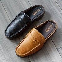 Giày lười nam da bò bít mũi họa tiết 2 đường chỉ khâu cách điệu , 2 màu đen và bò