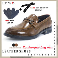 Giày lười nam da bò HT.NeO, Giày moca công sở da bóng đai da ngang đính khuy kim loại phong cách lịch lãm 2 màu GTN594