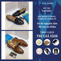 Giầy Lười nam da bò in vân nổi trang trí đôi chuông đế cao su khâu chắc chắn