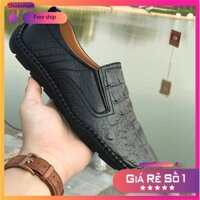 Giày Lười Nam Da Bò Vân Cá Sấu - Màu Đen