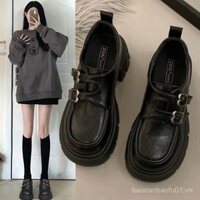 Giày lười nữ đế cao 2025 mùa xuân phong cách Anh tăng chiều cao giày da gót chunky có khóa dán thời trang giày đơn nữ E7QV