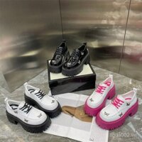 Giày lười nữ đế dày gót chunky, giày trắng bằng da bóng bướm thủ công nặng, giày da phong cách đường phố Anh