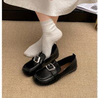 Giày lười nữ Hàn Quốc 2025 Phong cách mới Đen / Xám Giày da học sinh gót thấp