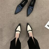 Giày lười phối màu phong cách Anh Hồng Kông Giày cao gót cao cổ điển gót thô mũi nhọn mẫu mới mùa xuân 2024 nữ