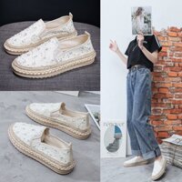 Giày lười vải nữ 2023 - Chất liệu vải bò đính cườm, đế cao su bo cói thoáng khí chống trơn - Mã 689