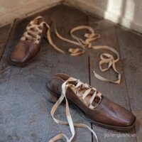 Giày Mary Jane buộc dây vintage cho phụ nữ, mùa hè mới, gót chunky, mũi vuông, giày ballet da nhỏ không lưng