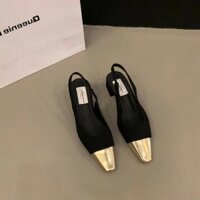 Giày Mary Jane cao gót kiểu Pháp rỗng, gót chunky, giày đơn màu đen vàng, sandal mùa xuân