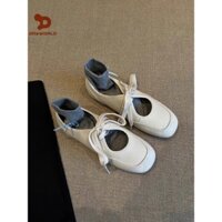 Giày Mary Jane đế mềm miệng nông giày trắng giản dị 2025 giày đơn buộc dây đế bệt thắt nơ cho nữ Cheecheeorder