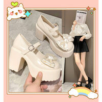 Giày Mary Jane đế xuồng có khóa nơ cho nữ màu đen trắng