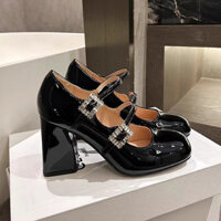 Giày Mary Jane kiểu Pháp Giày da nữ cao gót màu đen mẫu mới thu đông năm 2025 giày đơn Nữ Đính Đá Gót Thô Miệng nông
