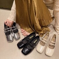 Giày Mary Jane nữ phong cách mới  đế bệt  thoáng khí  đen  bạc  nâu