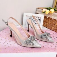 Giày max kim tuyến nơ nhùi HALEY STORE cao gót 9p bít mũi quai cài đính nơ nhùi lấp lánh tiêu thư công chúa êm chân