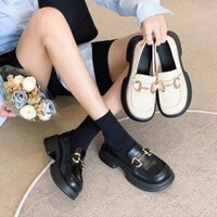 Giày MOCA nữ búp bê đế độn, Giày lười da nữ quai xích cao cấp cá tính