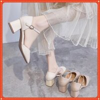 Giày Mũi Nhọn Mã C4 Phối Dây Hở Gót Cao 5cm (BÍT HẬU)