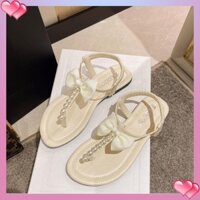giày ngọc trai Giày Sandal Đế Bệt Đính Nơ Thời Trang Mùa Hè Mới