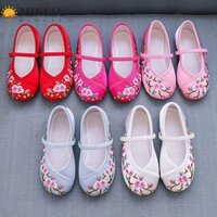 Giày nhảy múa bé gái MINLIA, Giày Satin thêu hoa chống trượt chống mài mòn, Đế mềm đẹp phong cách dân tộc Giày Hanfu thoải mái cho bé gái nữ
