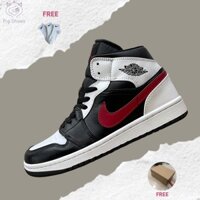 Giày Nike Jordan 1 Mid Black Chile Red White, JD1 Cao Đen Đỏ Trắng; Đầy Đủ Box - Bill; Tặng Vớ Trắng