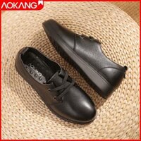Giày Nữ Aokang Xuân Hè Da Thật Màu Đen Mềm Mại Thoáng Khí Cho Trung Niên Đế Bằng Giày Nữ Size Lớn Giày Da Của Mẹ