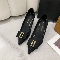 Giày nữ cao gót 6.5cm mũi nhọn mềm đế chống trơn trượt hoạ tiết chữ G màu kẻ caro đen hot 2022