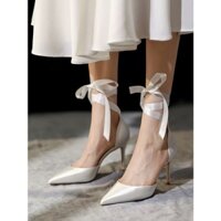 Giày Nữ Cao Gót Nhọn 7P Màu Trắng Dây Buộc Cổ Chân Hót Hít Sang Chảnh A13BC