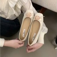 Giày nữ đế thấp gót vuông mũi vuông họa tiết hoa hàng cao cấp
