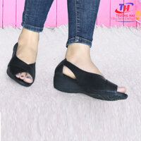 Giày nữ đế xuồng 3cm hở mũi Trường Hải da bò thật màu đen DX135 - 36 - Màu đen
