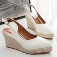 Giày Nữ Đế Xuồng Bọc Cói 8cm, 10cm Da PU Mềm Mại Dây Đeo Khóa Cài Chính Hãng Nurse Thiết kế sang trọng tôn dáng