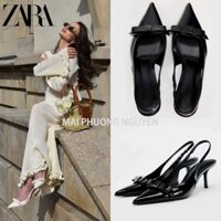 Giày nữ guốc mũi nhọn quai hậu slingback za.ra gót nhọn nơ nhỏ da Ailee [7814-1]