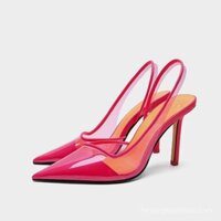 Giày nữ mẫu mới 2025 Giày cao gót nhựa trong suốt PVC Đỏ Dép mũi nhọn gót nhọn