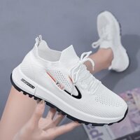 Giày nữ mới mùa xuân hè thu, giày chạy bộ thoáng khí Flyknit, giày trắng thoải mái cho phụ nữ với dây buộc phía trước