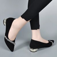 Giày nữ mũi nhọn Rhinestone gót thấp giày đơn miệng nông Gót Thô thanh lịch Giày thuyền da cừu mờ Nữ Giày công sở màu đen