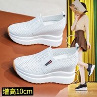Giày nữ tăng chiều cao bên trong siêu nhẹ 2024 Mẫu Mới Xuân hè thoáng khí thân nhỏ giày trắng Gót Nhọn Nữ 10 cm