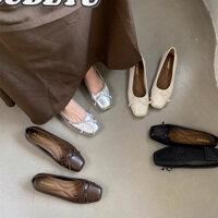 Giày Nữ Thanh Lịch Nơ Trang Trí Đi Lại Mũi Vuông Ballet Giày Đế Bằng