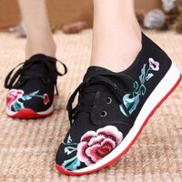 Giày nữ thêu hoa đế phẳng bốn phần dày-