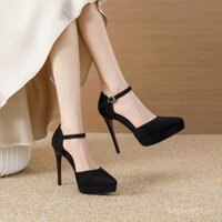 Giày nữ thời trang 2025 mùa xuân mới, giày cao gót chunky 11cm, sandal mũi nhọn chống nước một dây MQ91