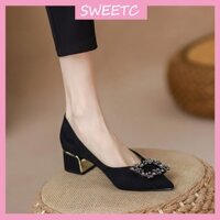 Giày Nữ Thời Trang Đế Mềm Da Lộn Vuông Khóa Chunky Gót Giày OL Giày Cao Gót Nhọn Chuyên Nghiệp