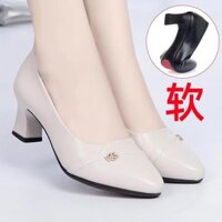 Giày nữ thương hiệu mùa xuân mới, gót dày, gót vừa, đế mềm, giày da thoải mái cho người trung niên