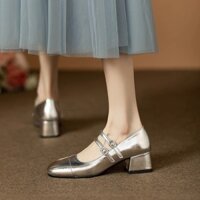 Giày nữ vintage mùa xuân hè mới mũi vuông gót chunky miệng nông giày Mary Jane