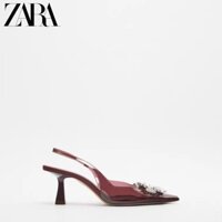 Giày Nữ Zara Thu Đông 2022 Mules Lựu Đỏ Trong Suốt Kim Cương Giả Stiletto Gót Nhọn Mũi Cao Gót Sandal