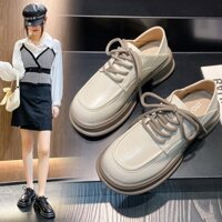 Giày oxford nữ 3 cm mũi tròn gót vuông dây buộc da PU mềm êm đế chống trơn trượt &5665