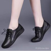 Giày phẳng retro buộc dây cho phụ nữ, giày vintage thủ công, giày da mềm mũi tròn 2025, giày thể thao đen