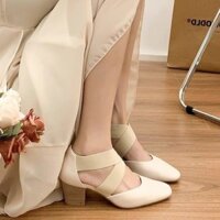 Giày PU cổ thấp, giày cao su trượt, mũi vuông, miệng nông, giày đơn, gót chunky, gót cao (5-8cm)