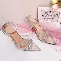 Giày sandal bạc xéo HALEY STORE 9p đá xoàn mũi nhọn quai đá đan chéo tiểu thư công chúa đi chơi đi tiệc du lịch êm chân