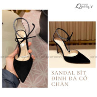 GIÀY SANDAL BÍT MÀU ĐEN DA LỘN ĐÍNH ĐÁ CỔ CHÂN, CAO 8-10-11CM