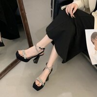 Giày sandal bling blinh cao gót 10cm quai khóa xoàn mũi vuông đúp trước 3,5cm 2 màu đen trắng